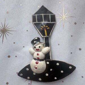 Vintage Painted Leather Snowman Pin